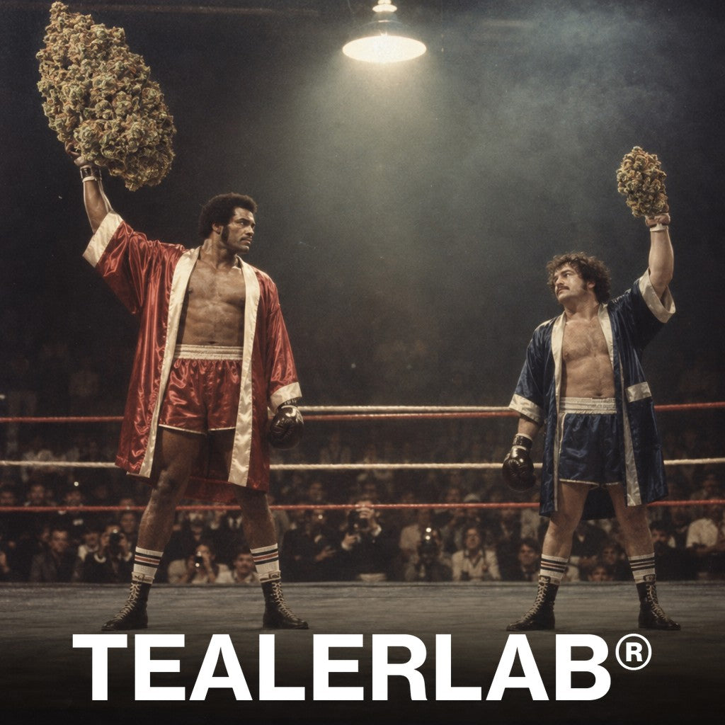 Retro boxing-ring face-off with two oversized cannabis buds, one bigger, illustrating THCP vs THCH potency.